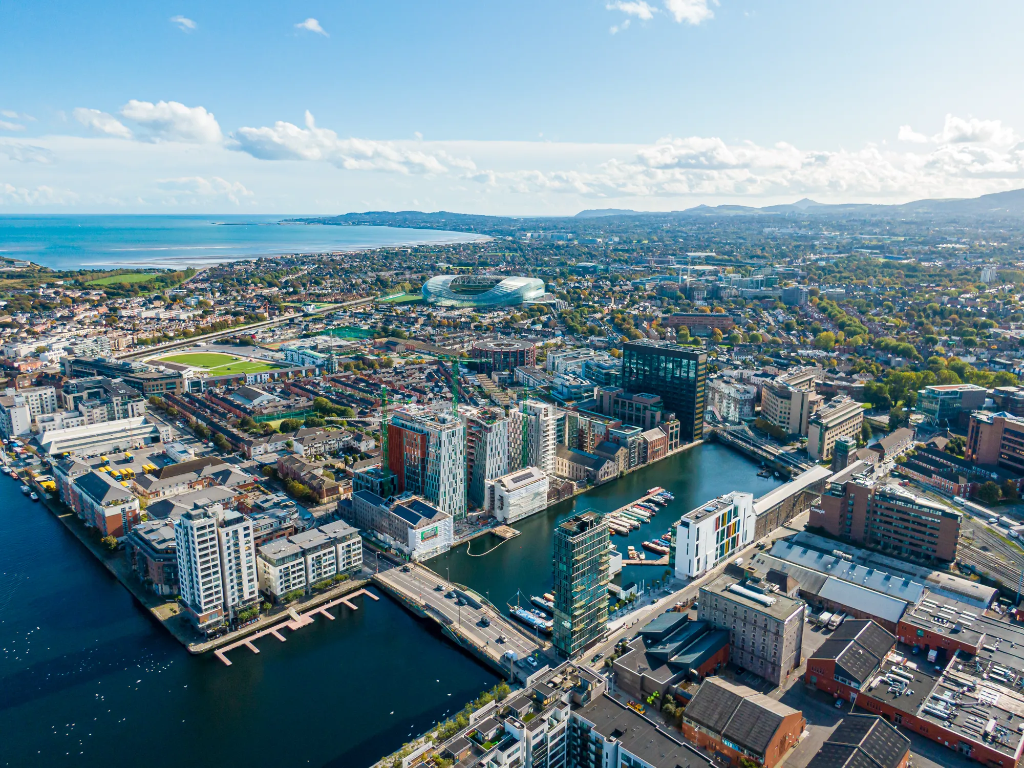 Aerial view of Grand Canal Dock and Dublin Bay